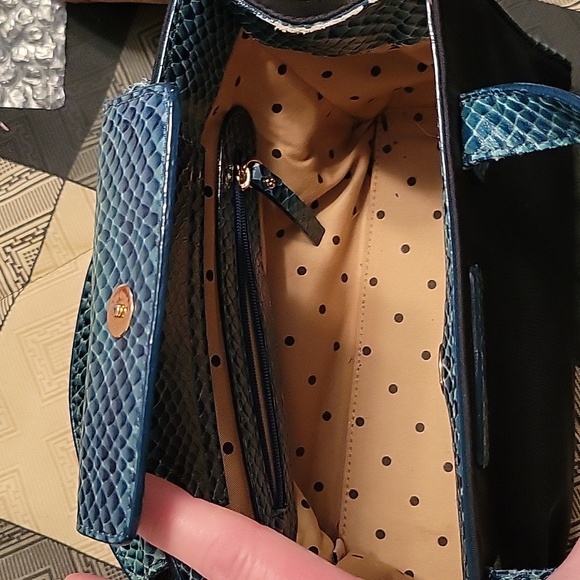 Kate Spade mini satchel in black nylon w/blue/green snakeskin handles & trim - Picture 4 of 8